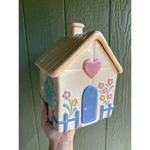 Vintage Ceramic Cottage House Cookie Jar Pastel Heart Floral Tree Cat Kitsch